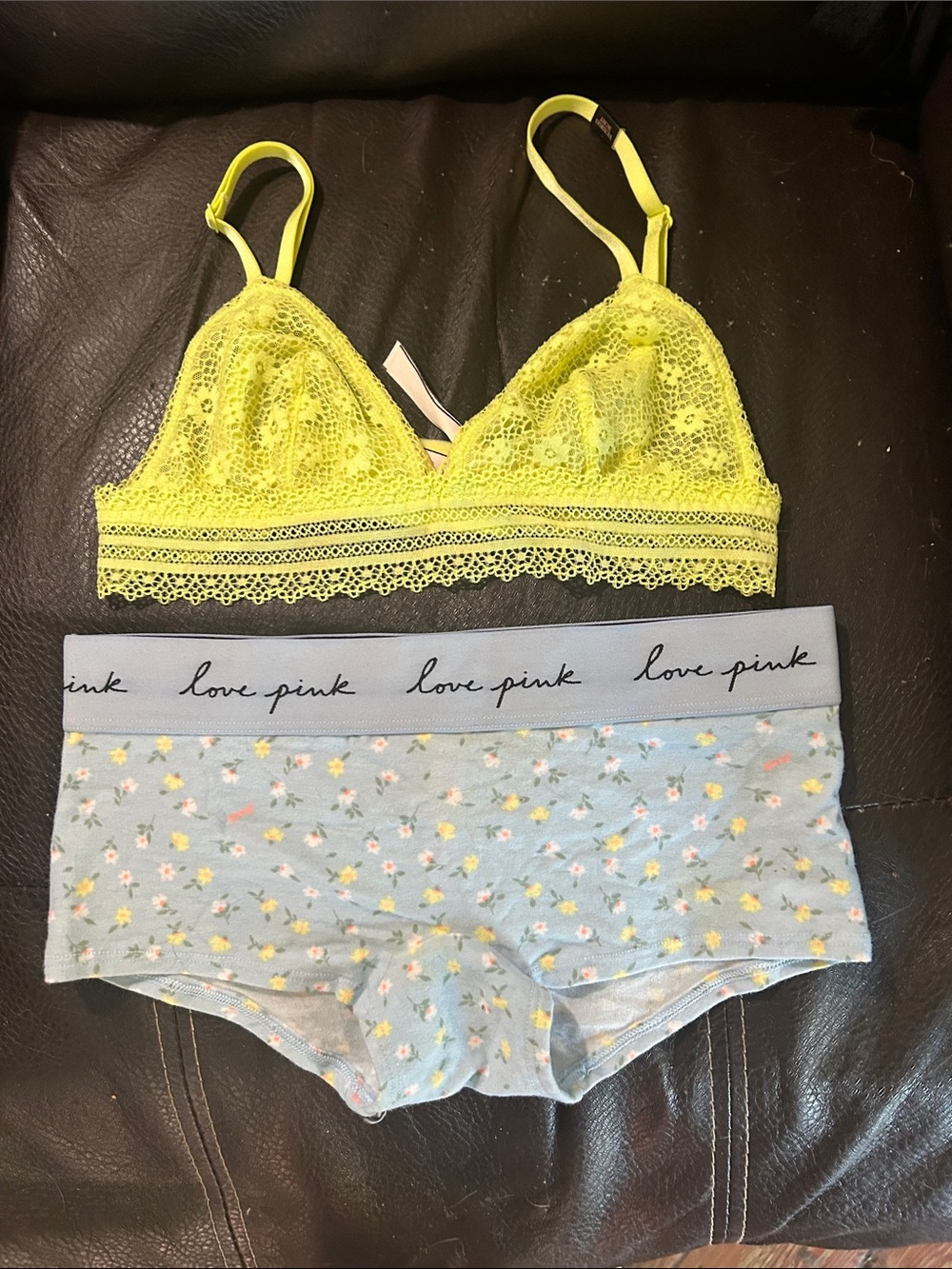 Victoria's Secret Neon Yellow Lace Bralette with Light Blue Floral Hipster Set